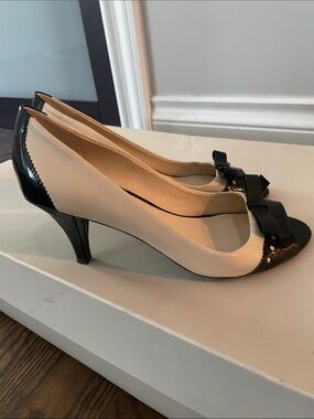 Franco Sarto Two-Tone Black and Cream Peep-Toe Heels with Bow